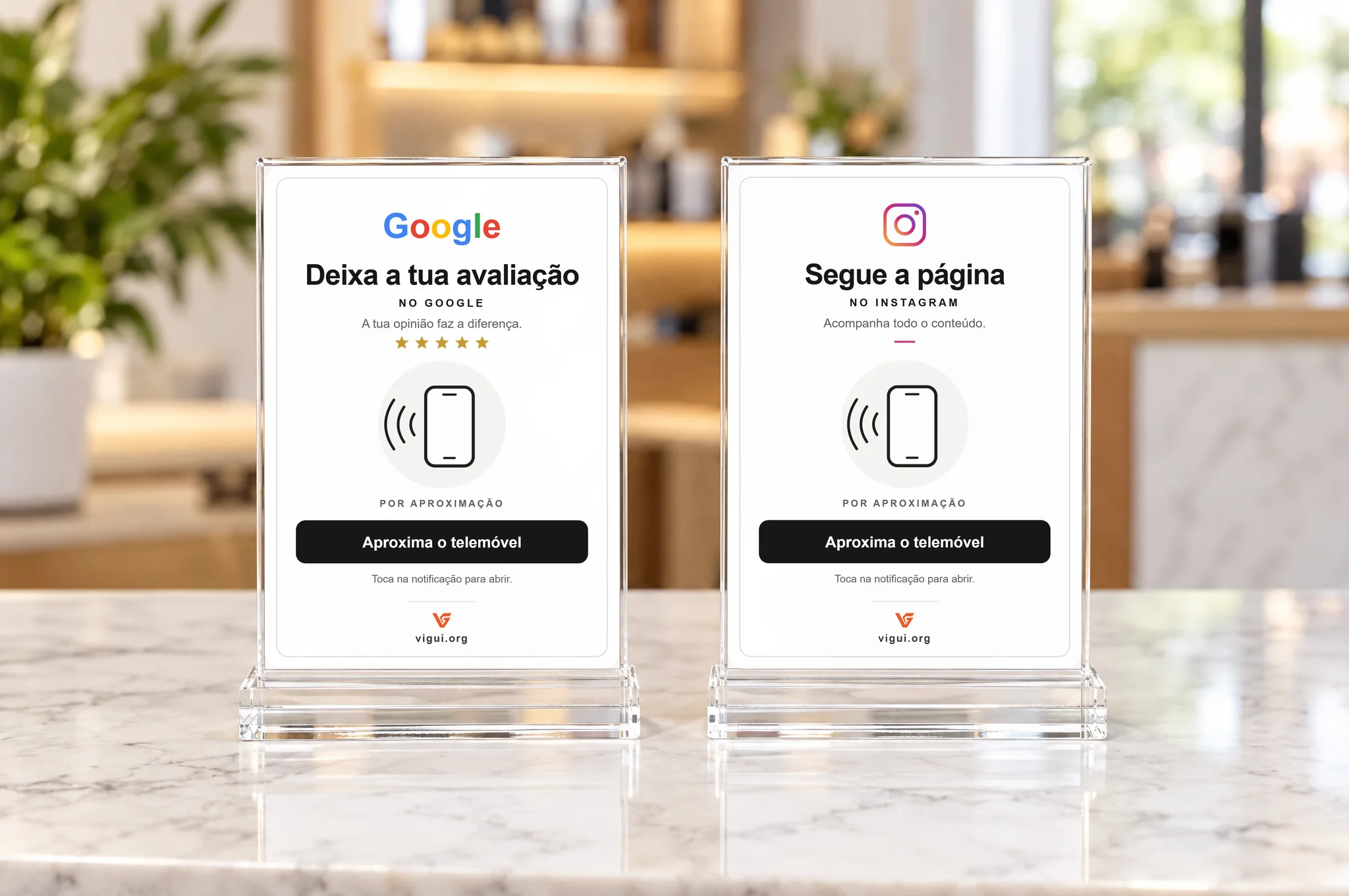 1-TAP Google and Instagram signs in acrylic frames on wooden stands